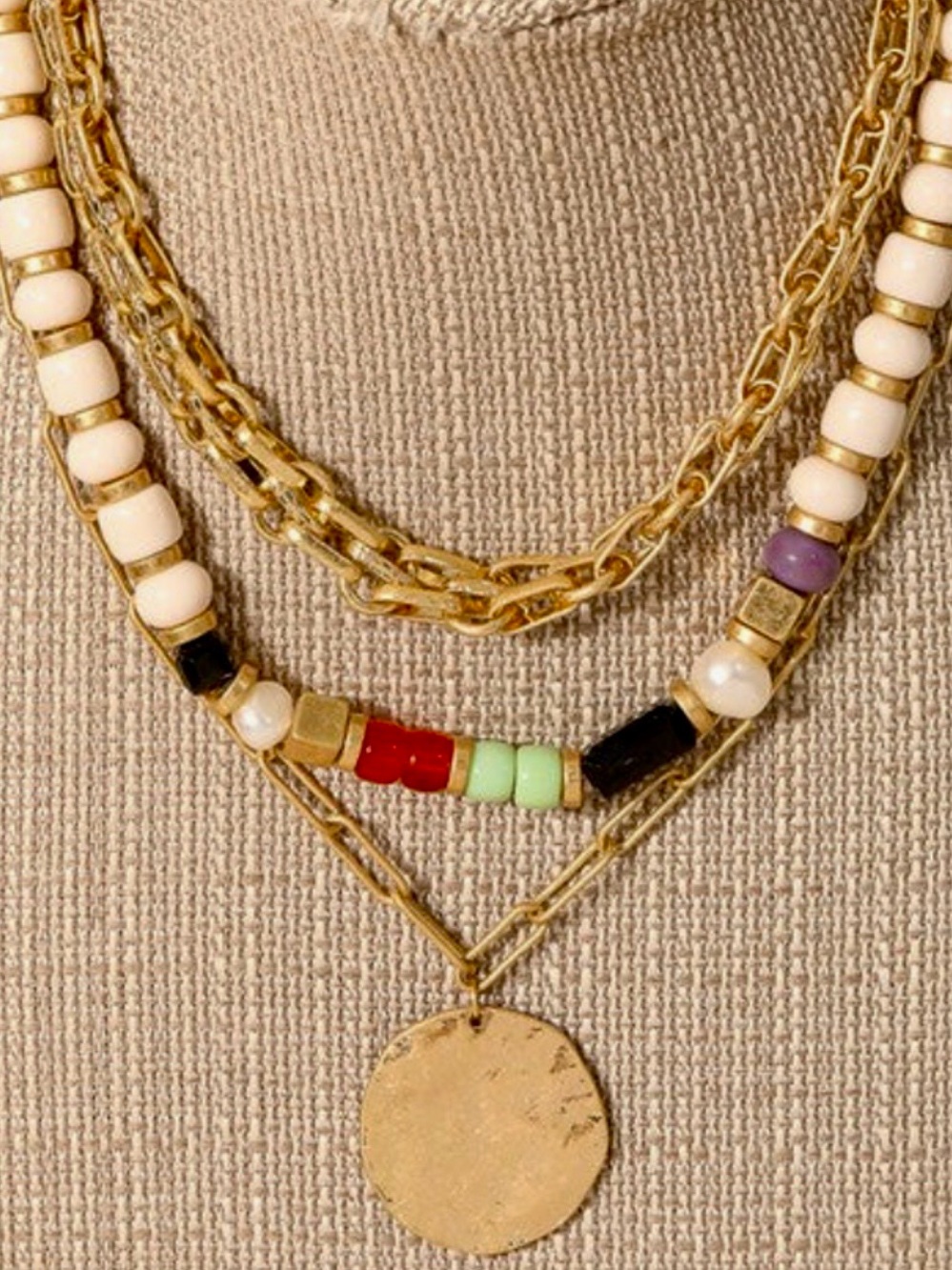 Gold Layered Bead Necklace with Multicolor Bead Accents
